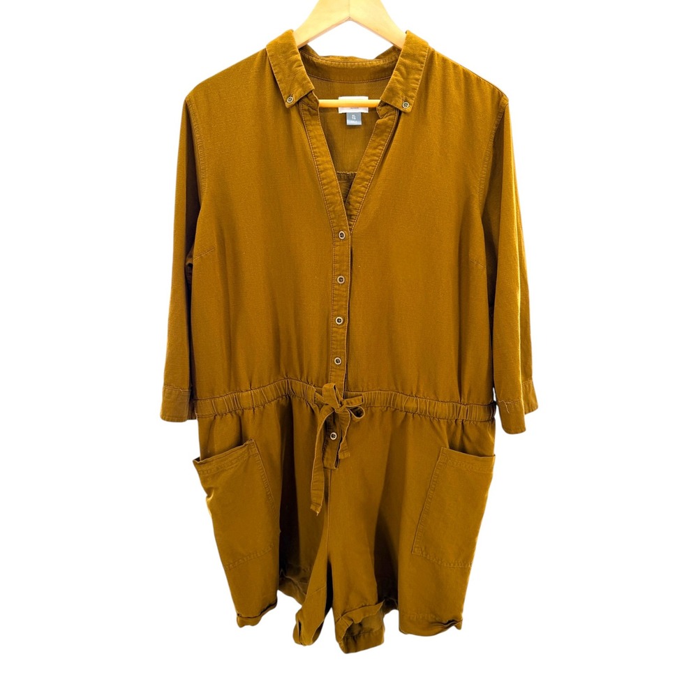 Old Navy Romper XL Mustard Yellow Utility Button Front Safari Relaxed Casual